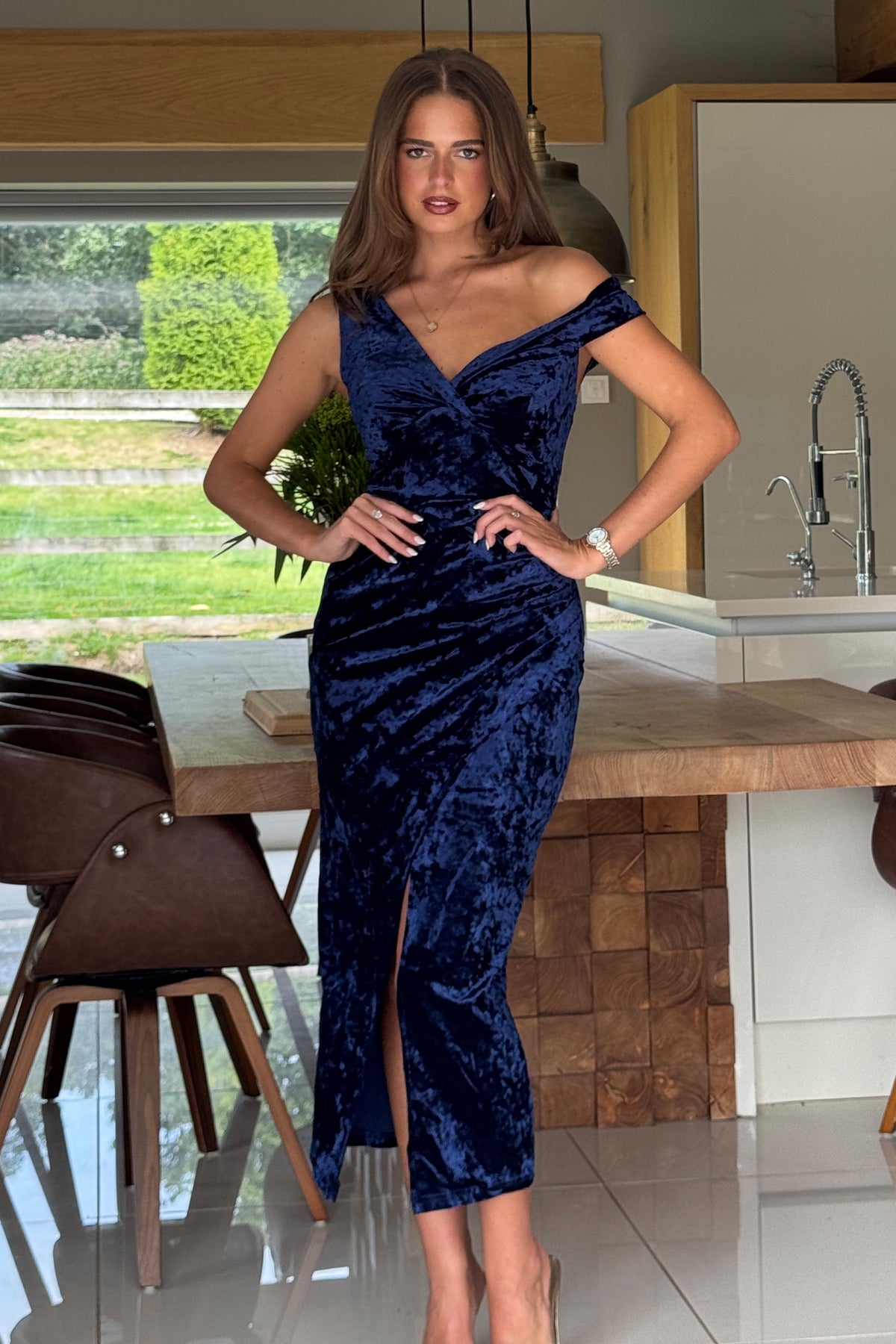 Angelica Navy Velvet Asymmetric Neckline Wrap Midi Dress