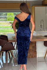 Angelica Navy Velvet Asymmetric Neckline Wrap Midi Dress