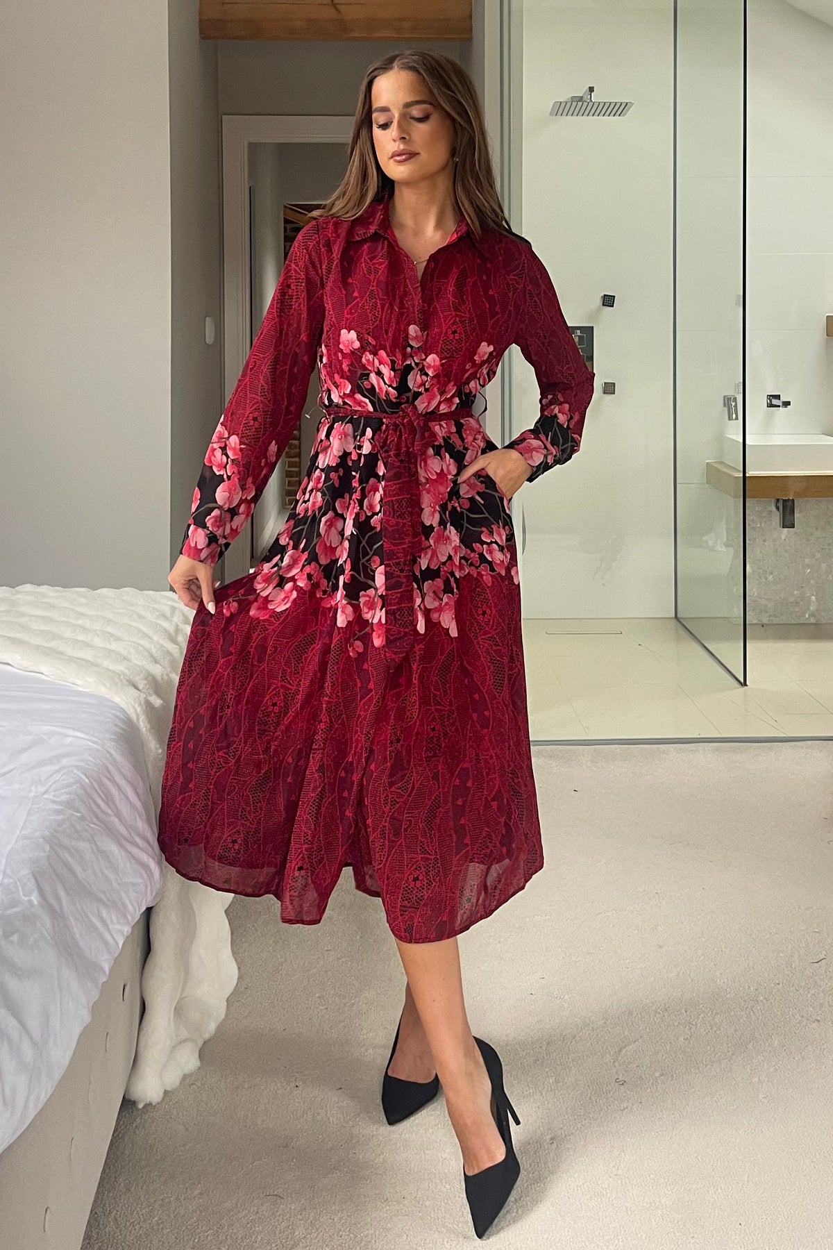 Everly Red Floral Shirt Midi Dress
