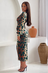 Inez Mixed Animal Ruched Long Sleeve Midi Dress