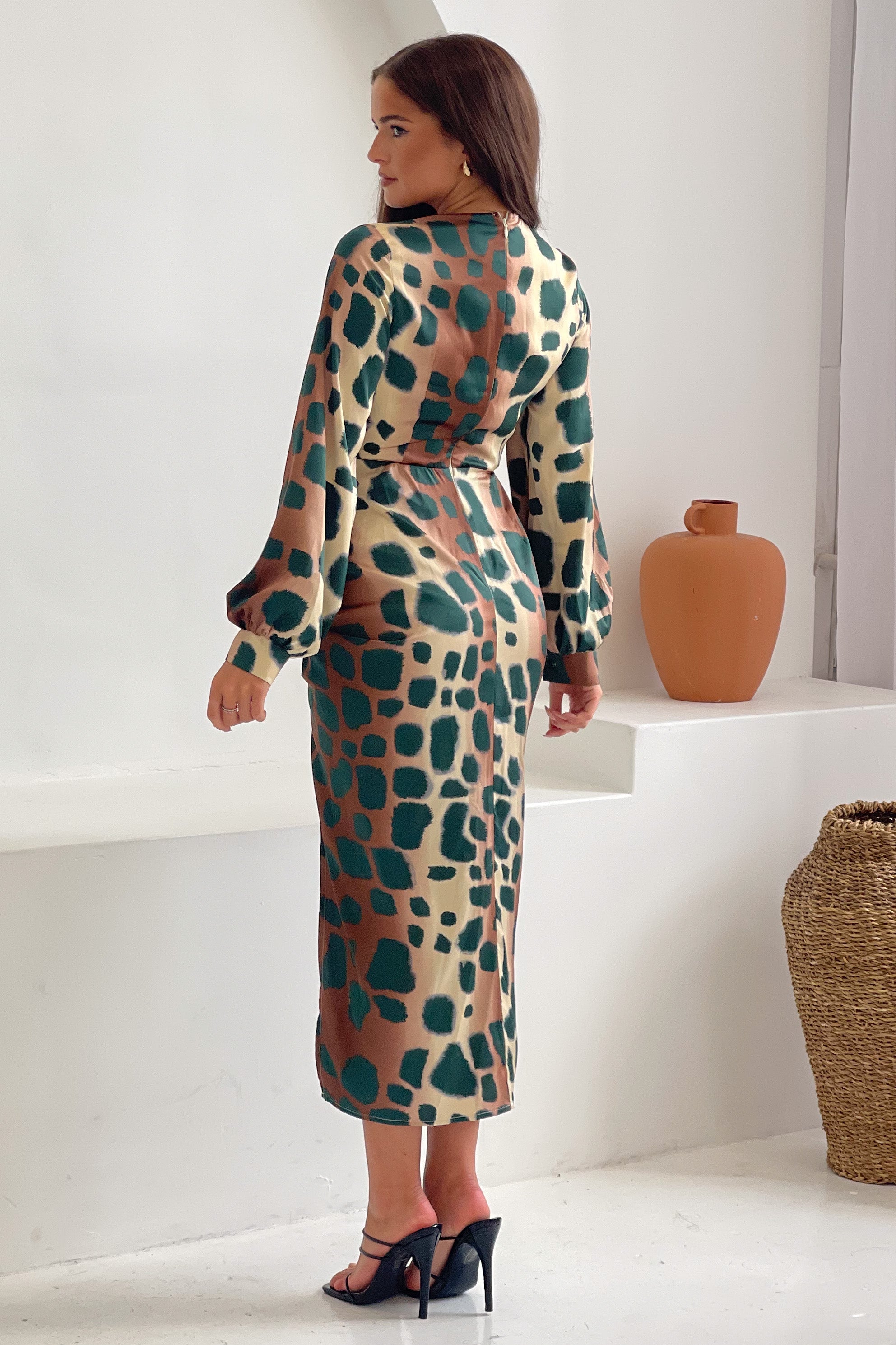 Inez Mixed Animal Ruched Long Sleeve Midi Dress