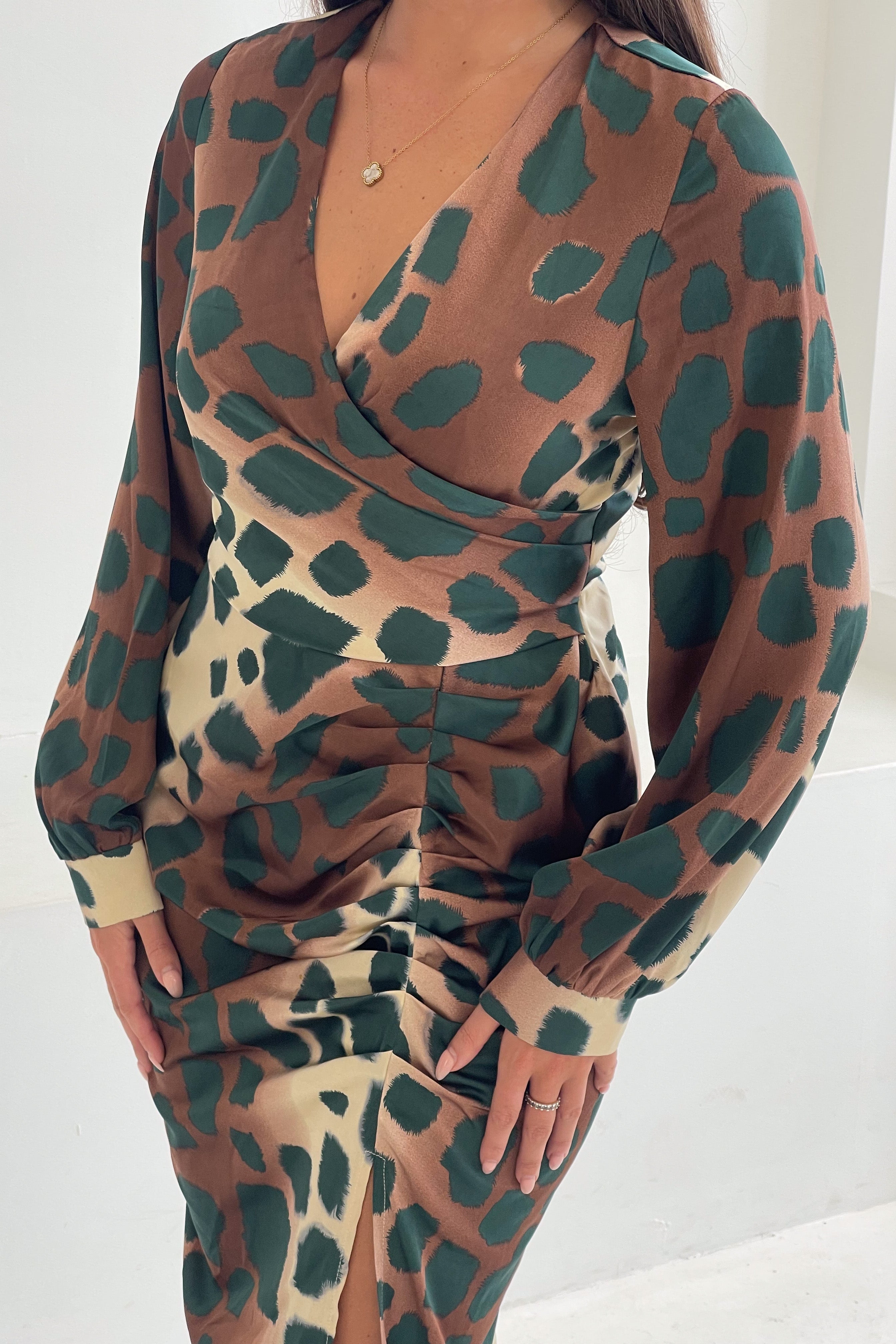 Inez Mixed Animal Ruched Long Sleeve Midi Dress