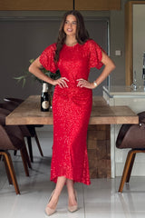 Cleo Red Sequin Ruched Detail Midi Dress