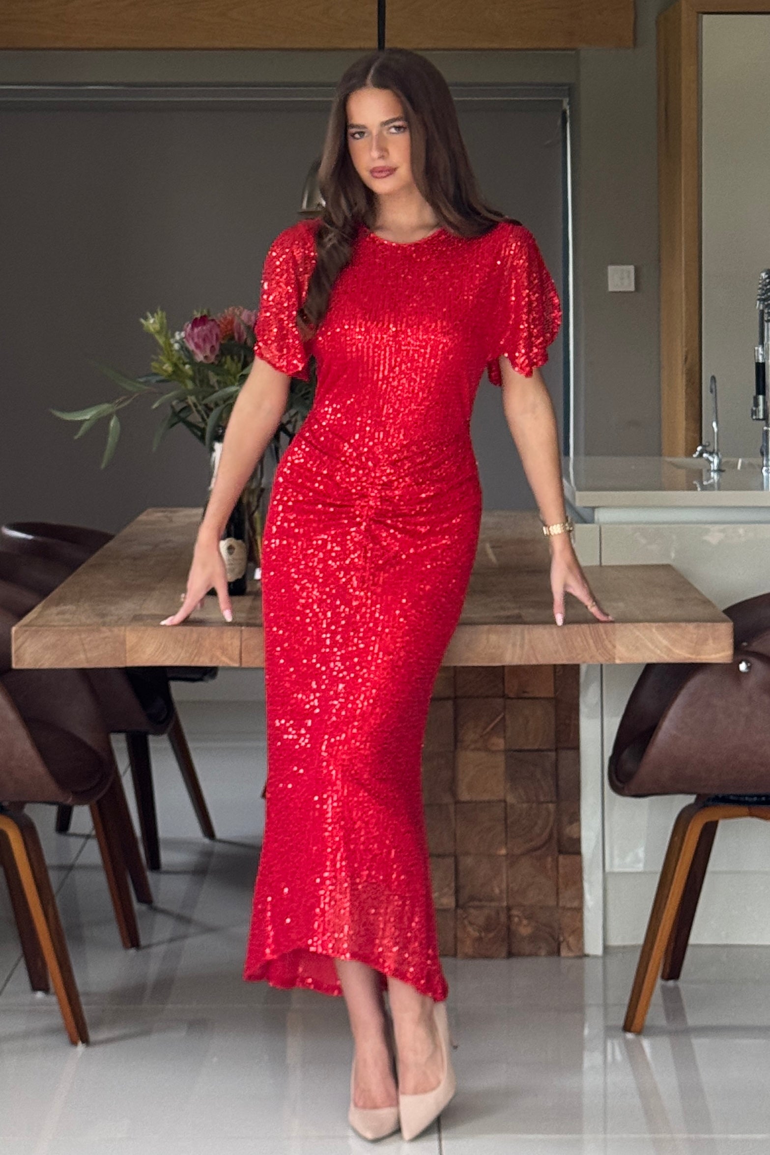 Cleo Red Sequin Ruched Detail Midi Dress