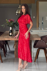 Cleo Red Sequin Ruched Detail Midi Dress