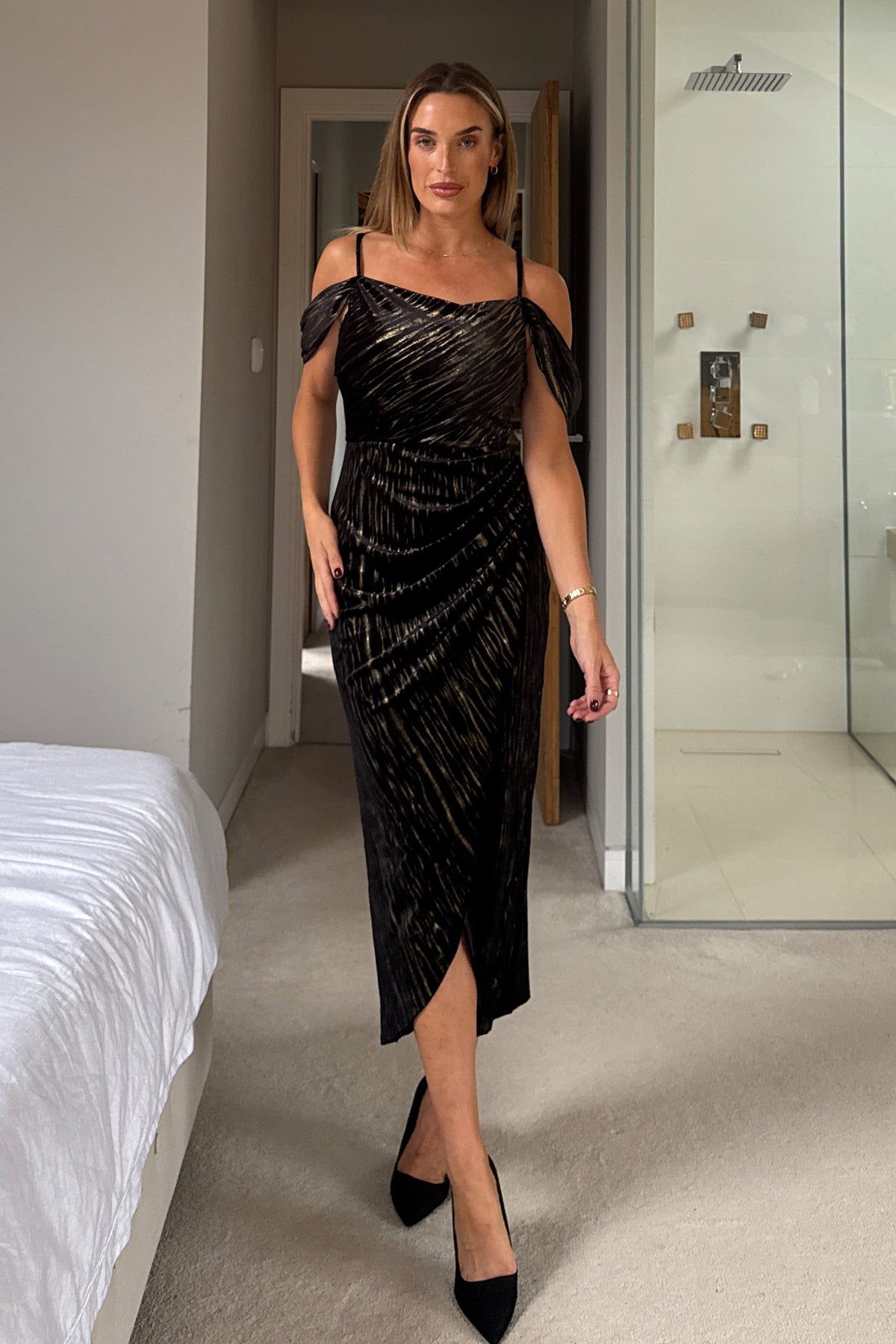 Camila Velvet Foil Wrap Over Midi Dress Black And Gold