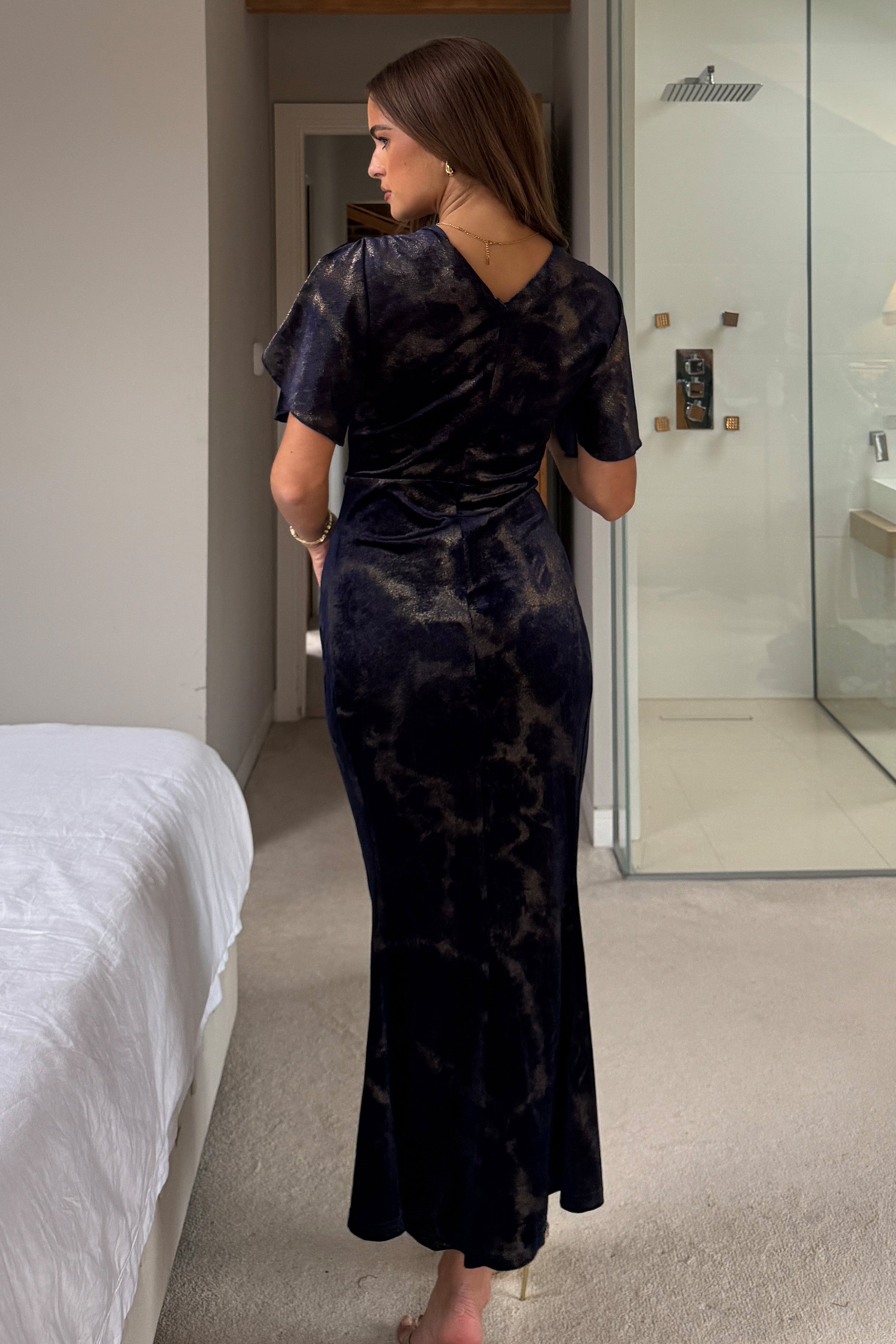 Cleo Navy And Gold Ruched Detail Midi Dress In Velvet