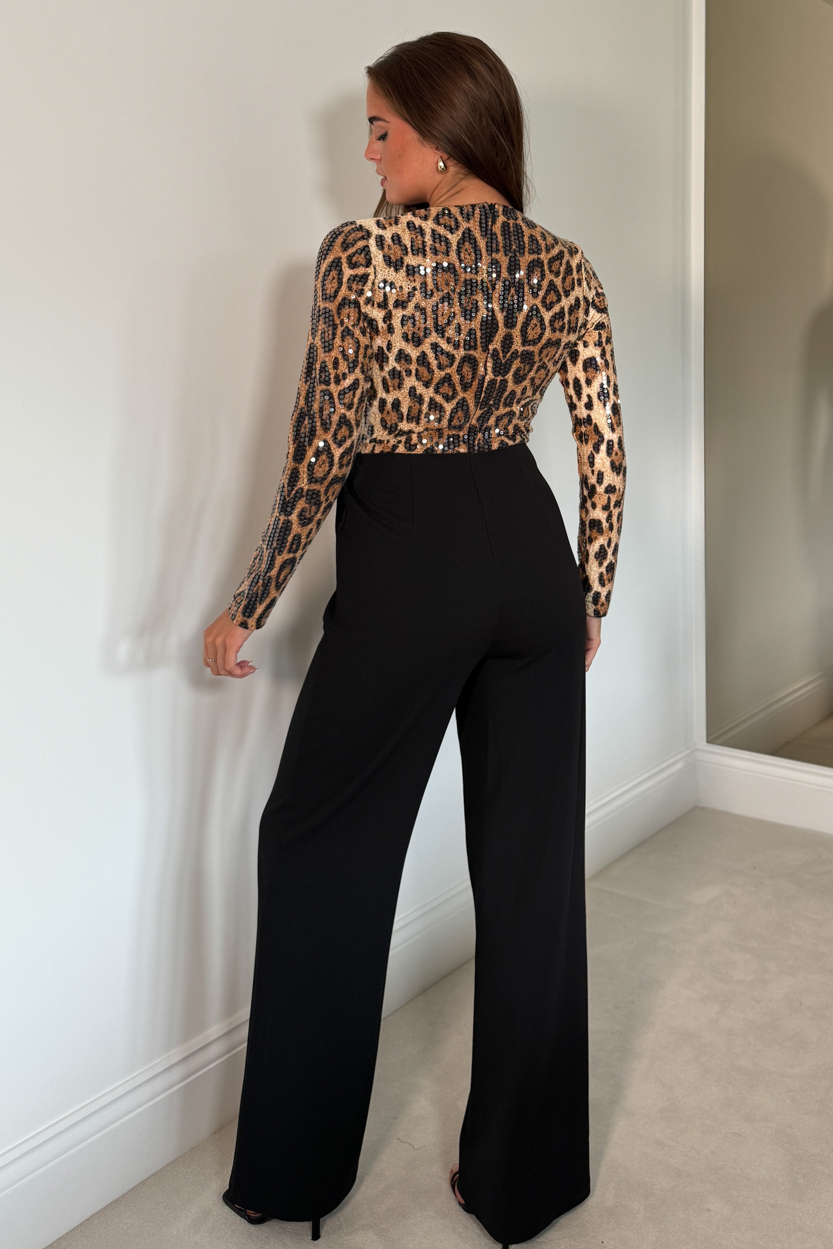 Casandra Leopart Sequin Wrap Front Jumpsuit