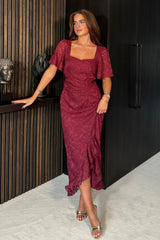 Heidi Floral Burnout Ruched Midi Dress Wine