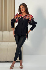 Fie Shirred Sleeve Tie Side Shirt Black Floral