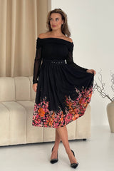 Aster Bardot Floral Border Midi Dress Black Floral