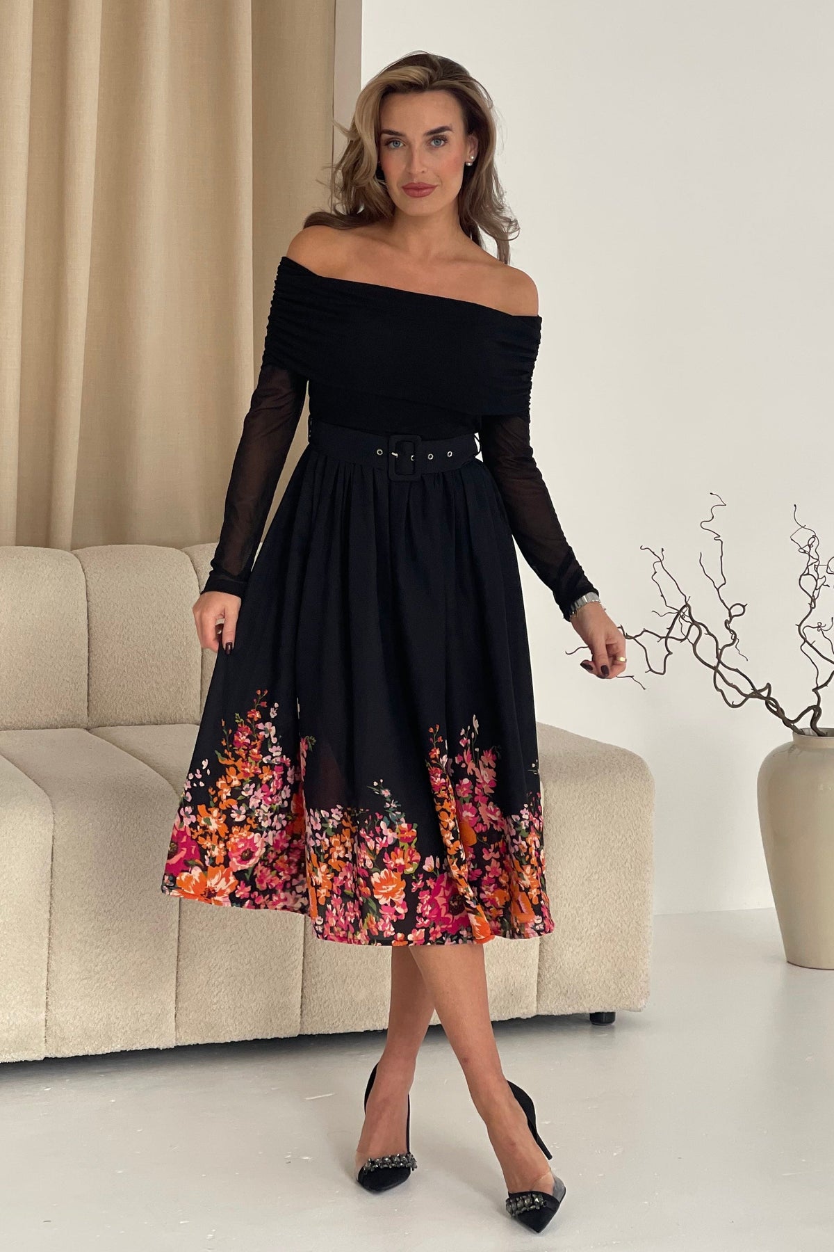 Aster Bardot Floral Border Midi Dress Black Floral