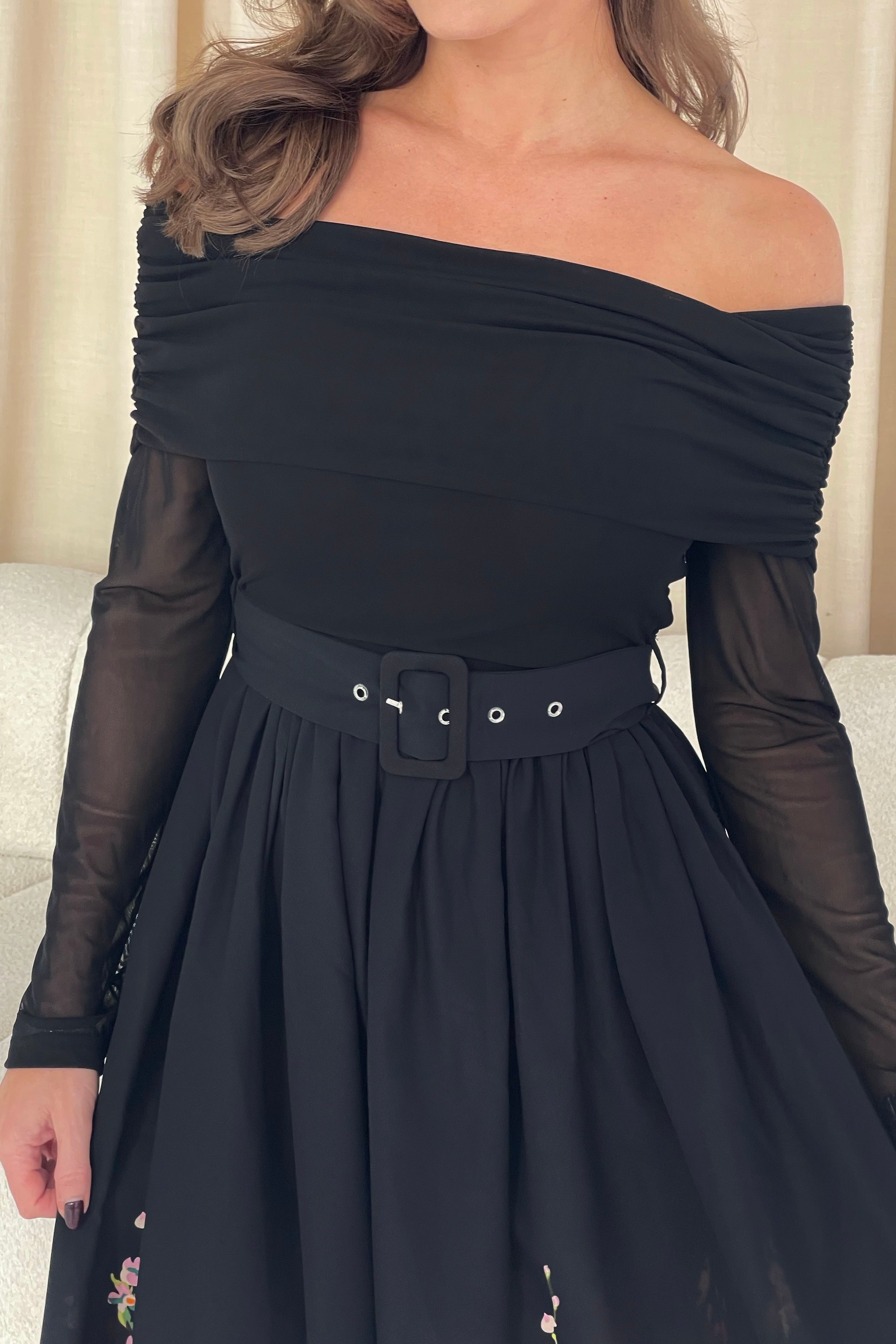 Aster Bardot Floral Border Midi Dress Black Floral