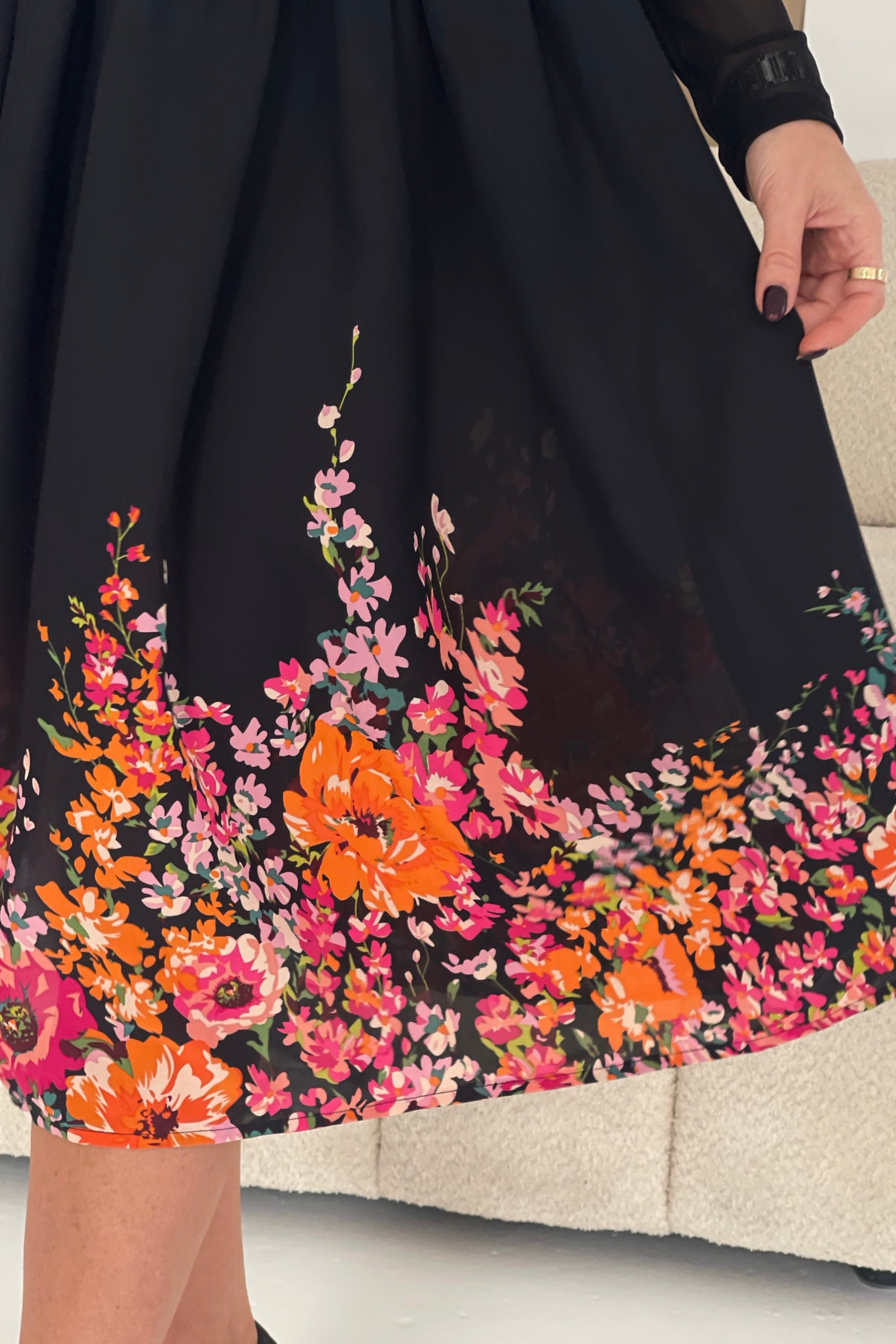 Aster Bardot Floral Border Midi Dress Black Floral