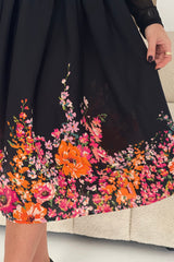 Aster Bardot Floral Border Midi Dress Black Floral
