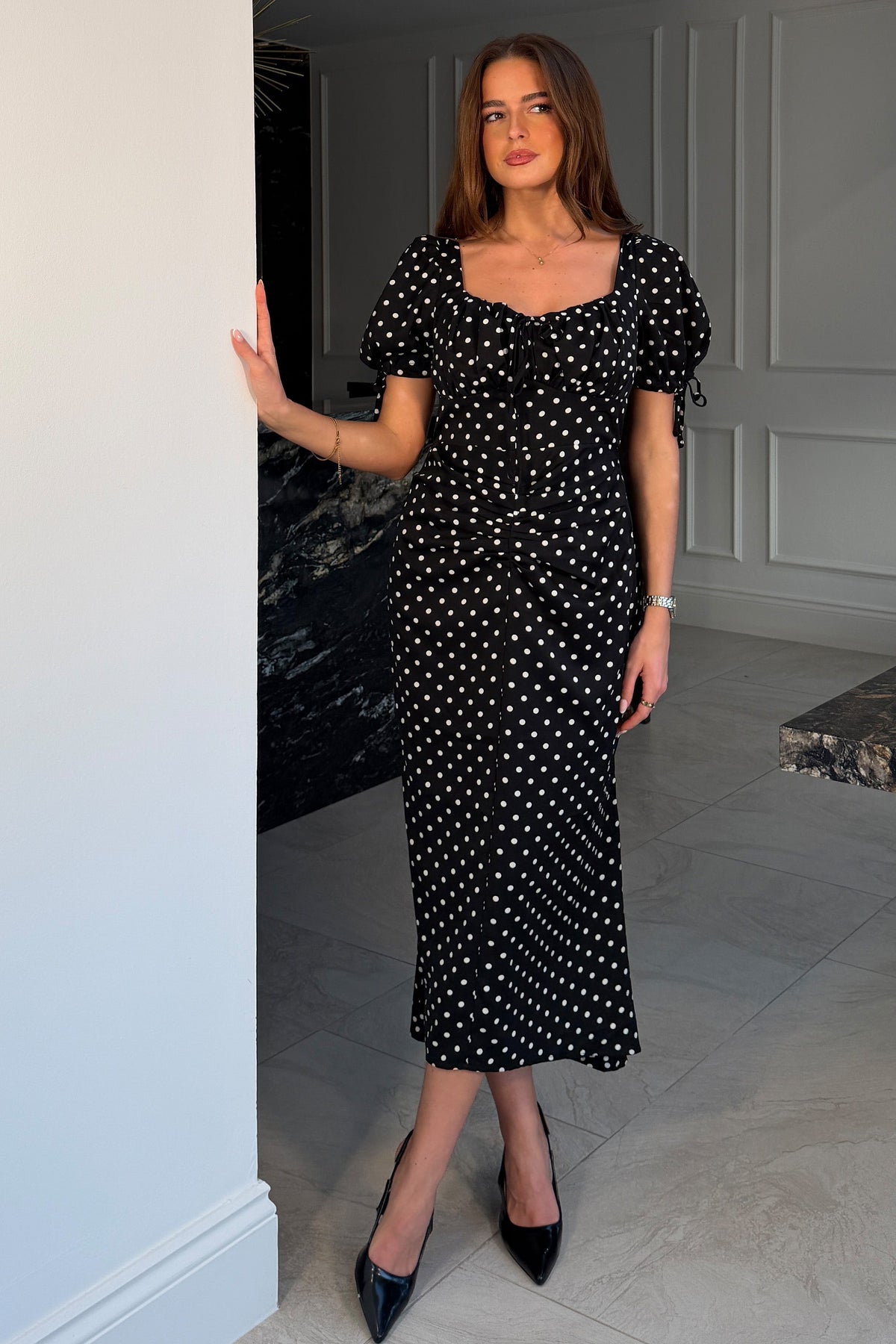 Dove Ruched Detail Midi Dress In Black Spot