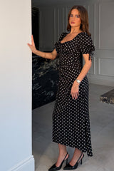 Dove Ruched Detail Midi Dress In Black Spot