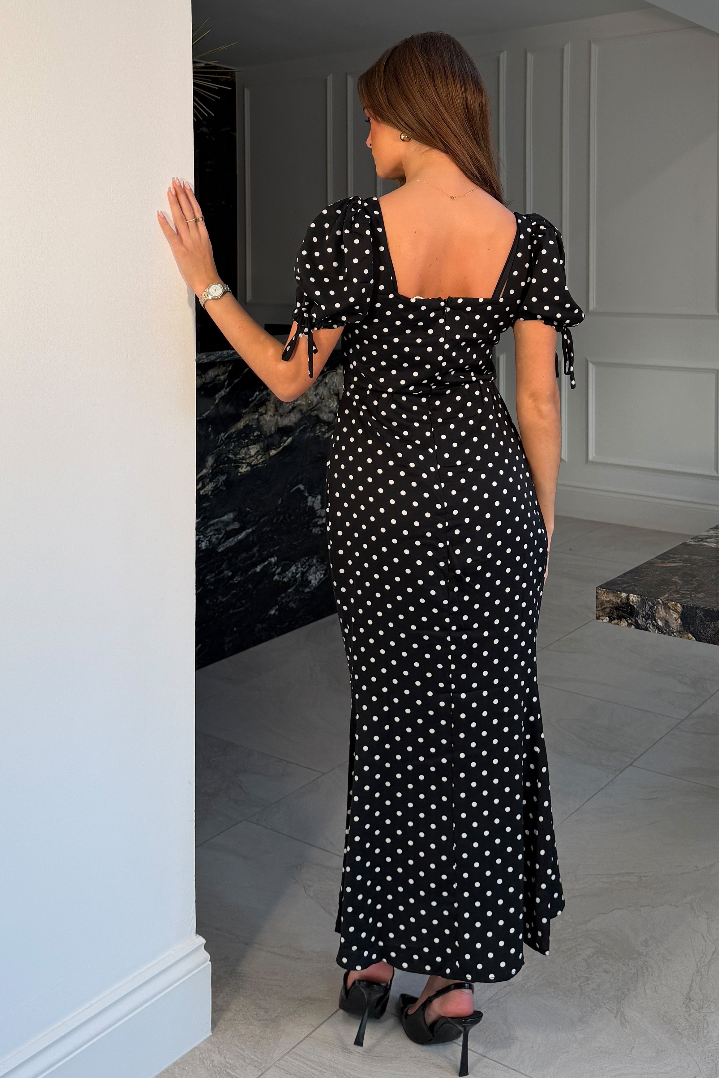 Dove Ruched Detail Midi Dress In Black Spot