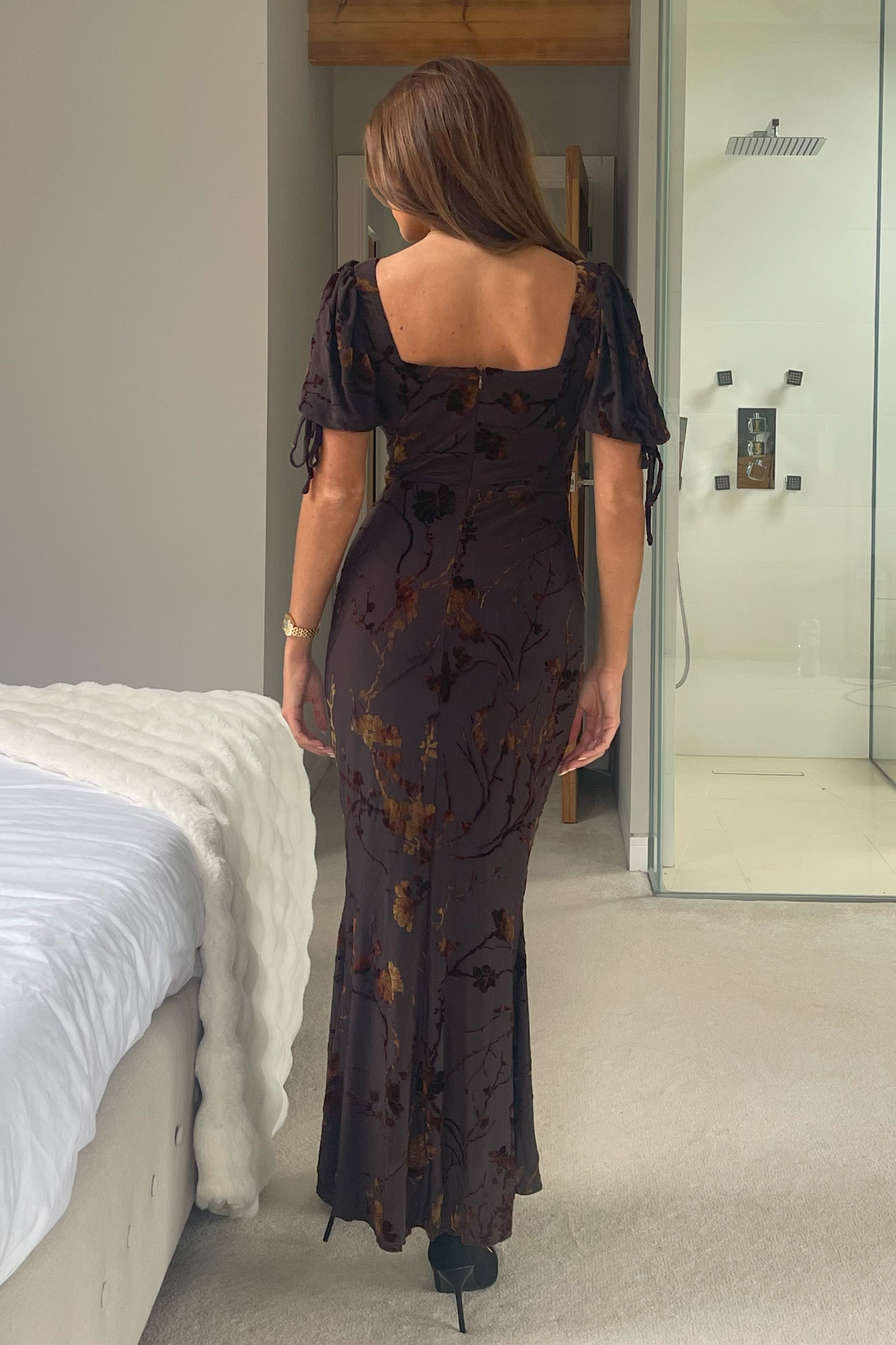 Dove Ruched Detail Midi Dress In Brown Floral