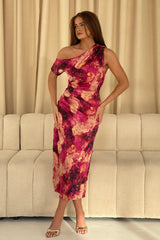 Donna Asymmetric Neckline Pink Print Midi Dress