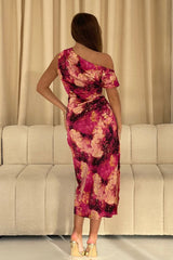 Donna Asymmetric Neckline Pink Print Midi Dress