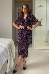 Blythe Foiled Floral Ruched Front Angel Sleeve Midi Dress