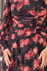 Effie Long Sleeve Sweetheart Neckline Mini Dress In Black Floral