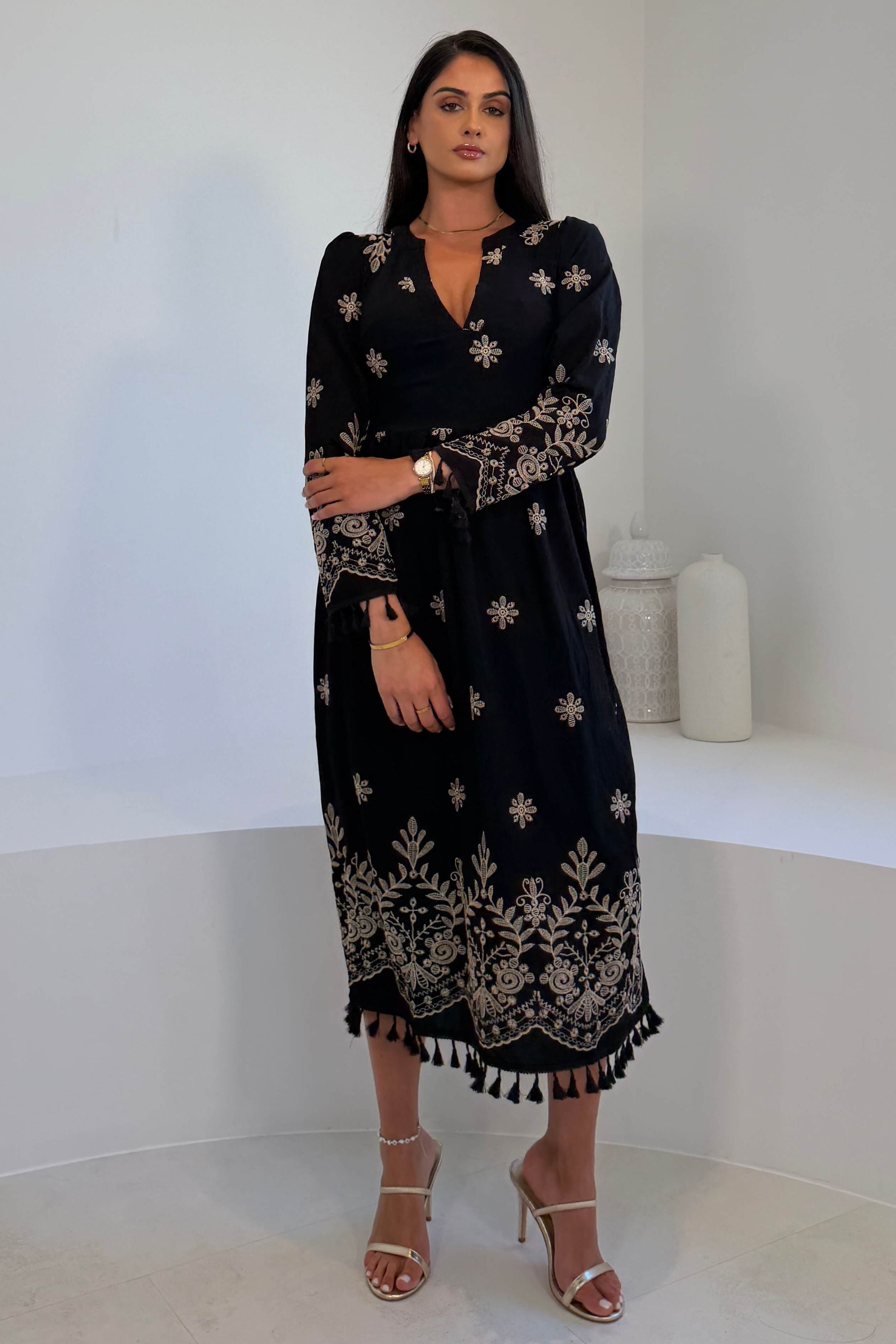 Enid Embroidered Maxi Dress Black