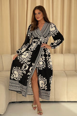 Juno Border Print Long Sleeve Maxi Dress Black