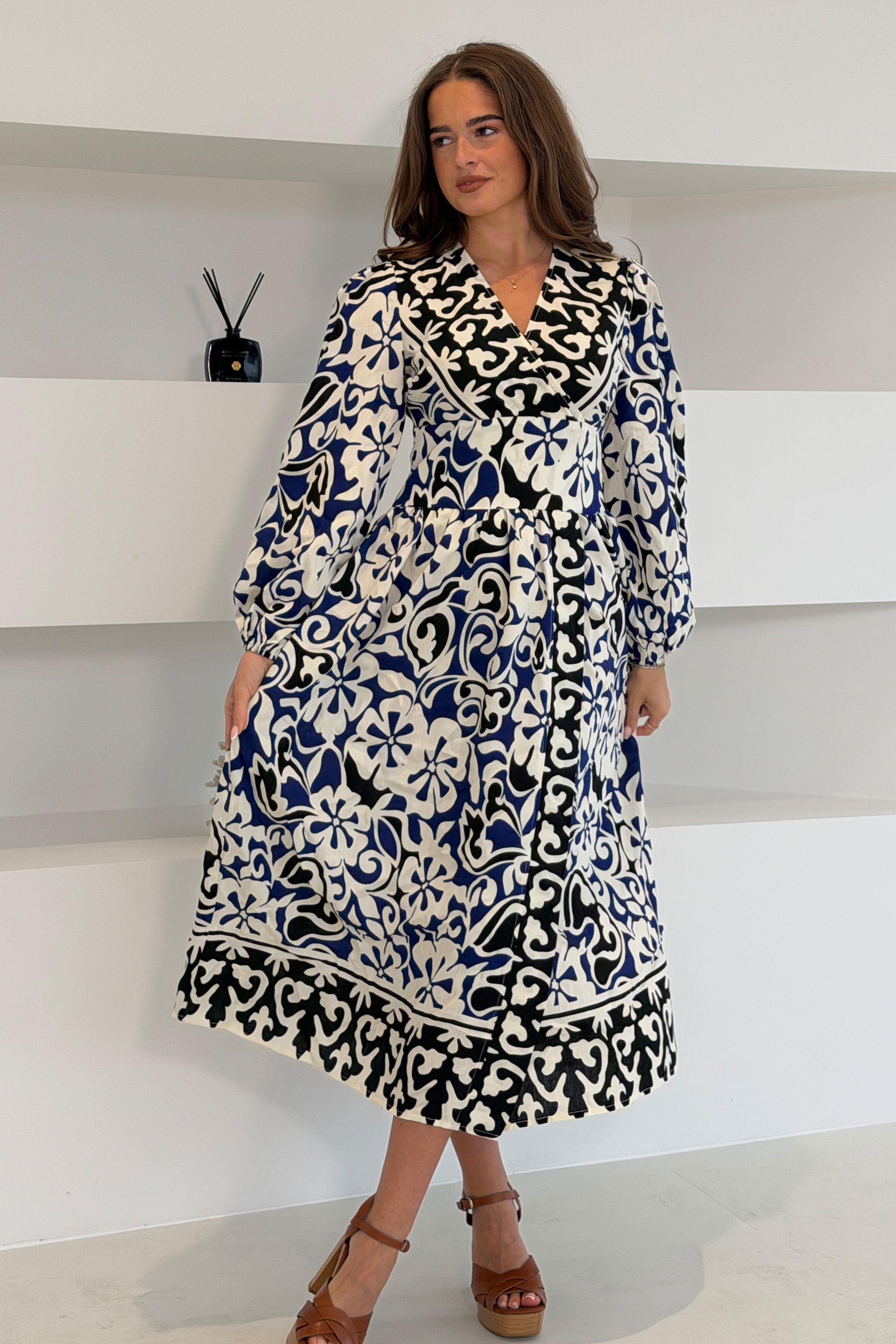 Juno Border Print Long Sleeve Maxi Dress Blue