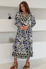 Juno Border Print Long Sleeve Maxi Dress Blue