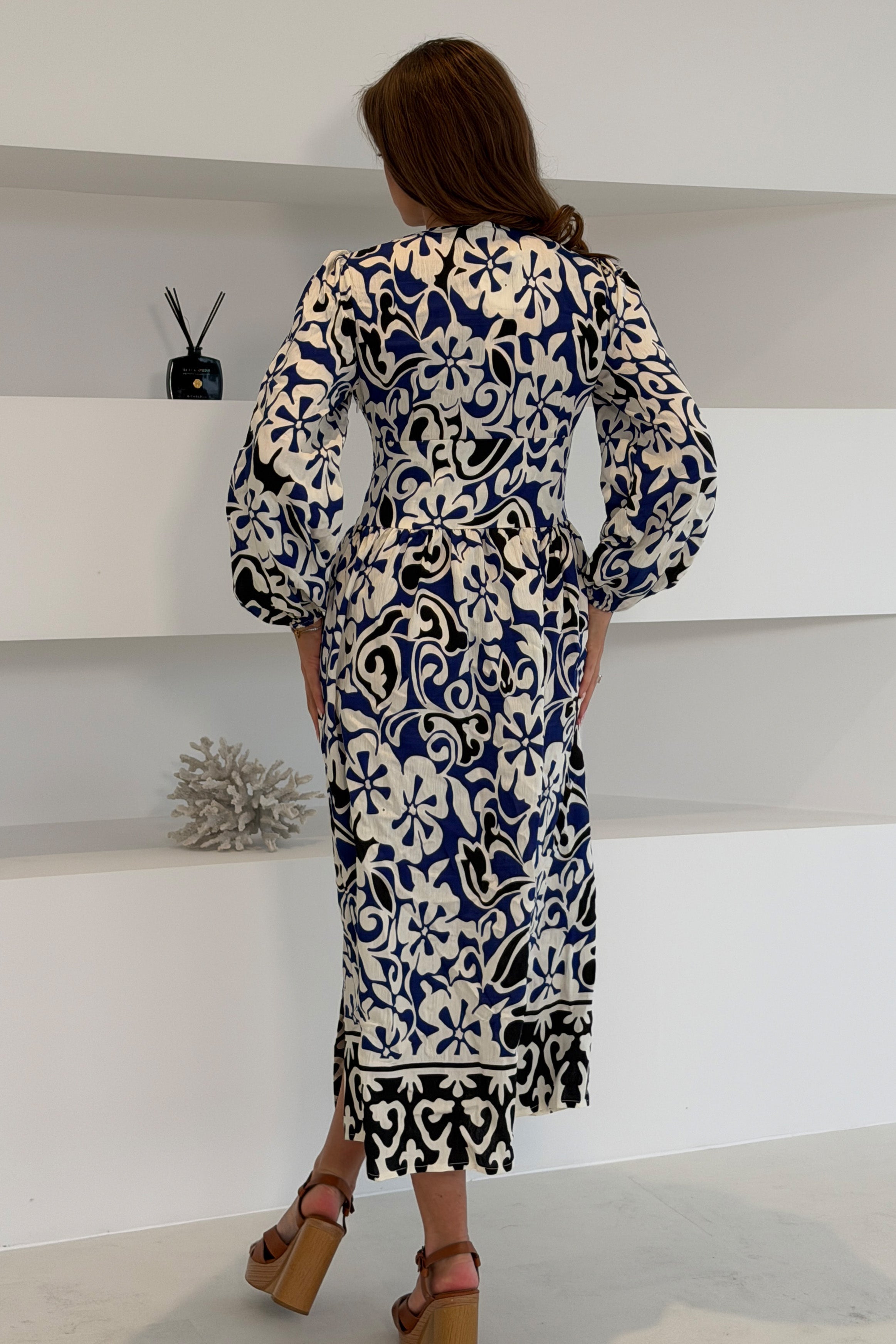 Juno Border Print Long Sleeve Maxi Dress Blue