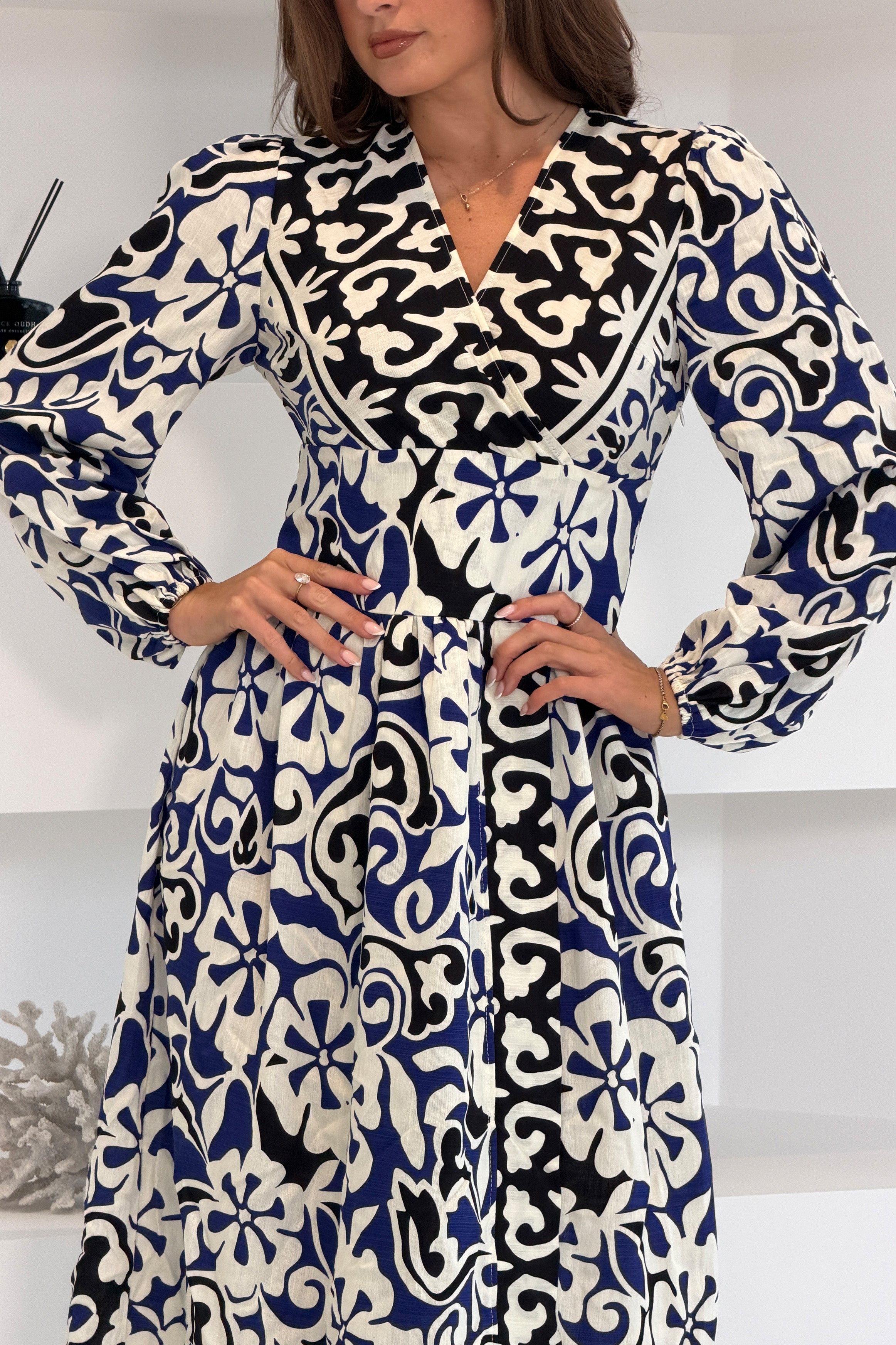 Juno Border Print Long Sleeve Maxi Dress Blue