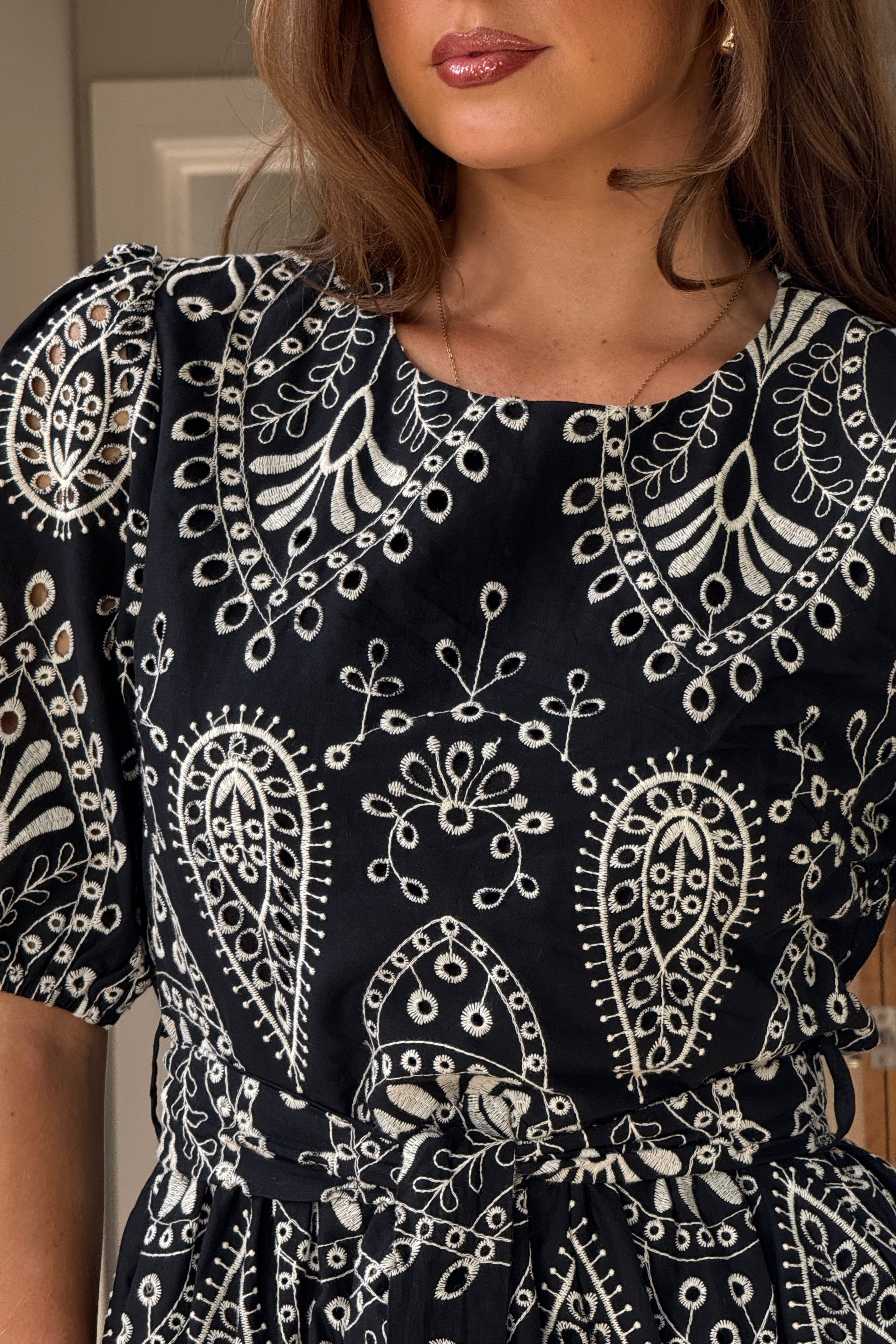 Fia Embroidered Puff Sleeve Tie Waist Mini Dress In Black