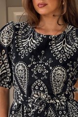 Fia Embroidered Puff Sleeve Tie Waist Mini Dress In Black