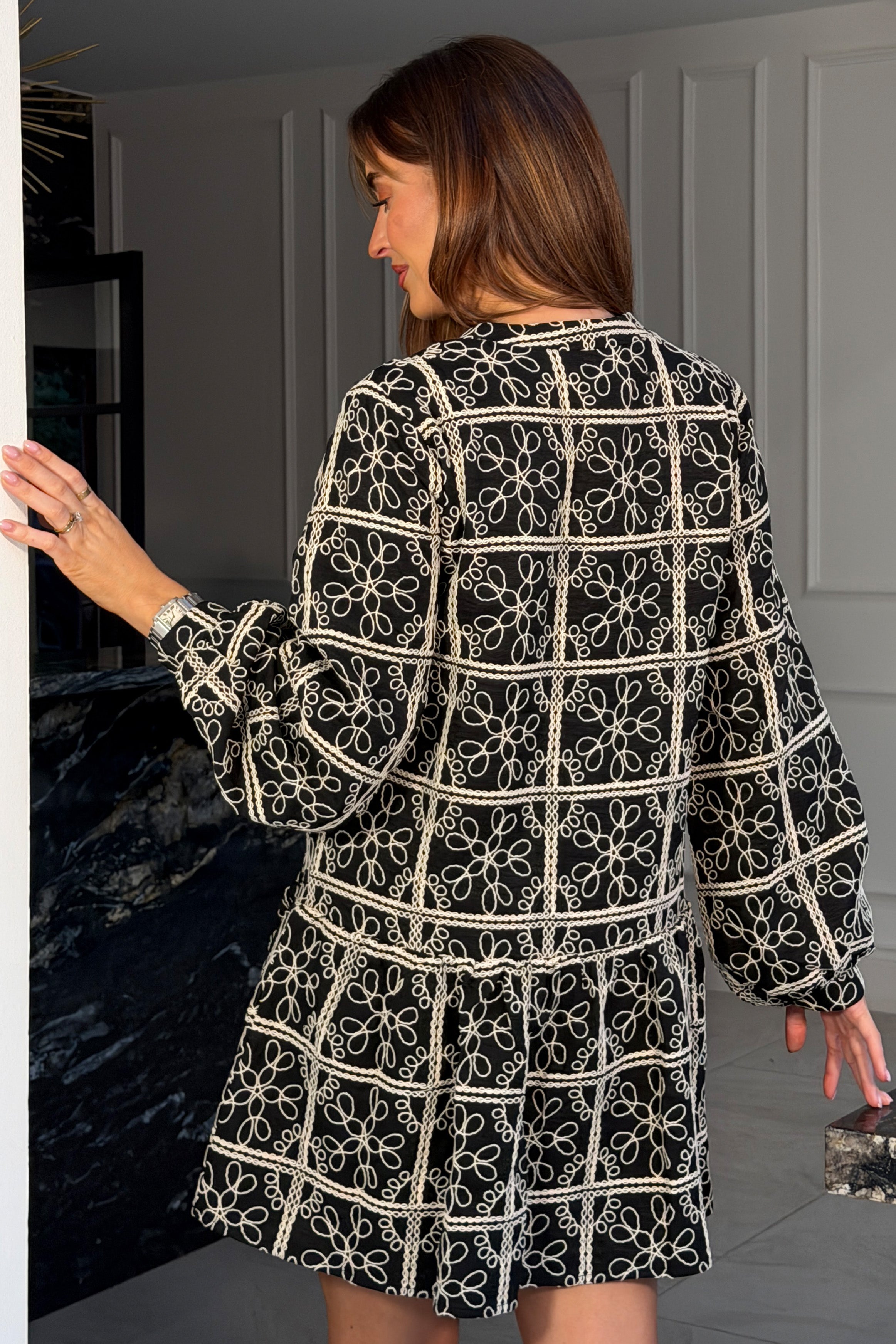 Astra Embroidered Button Front Long Sleeve Mini Dress