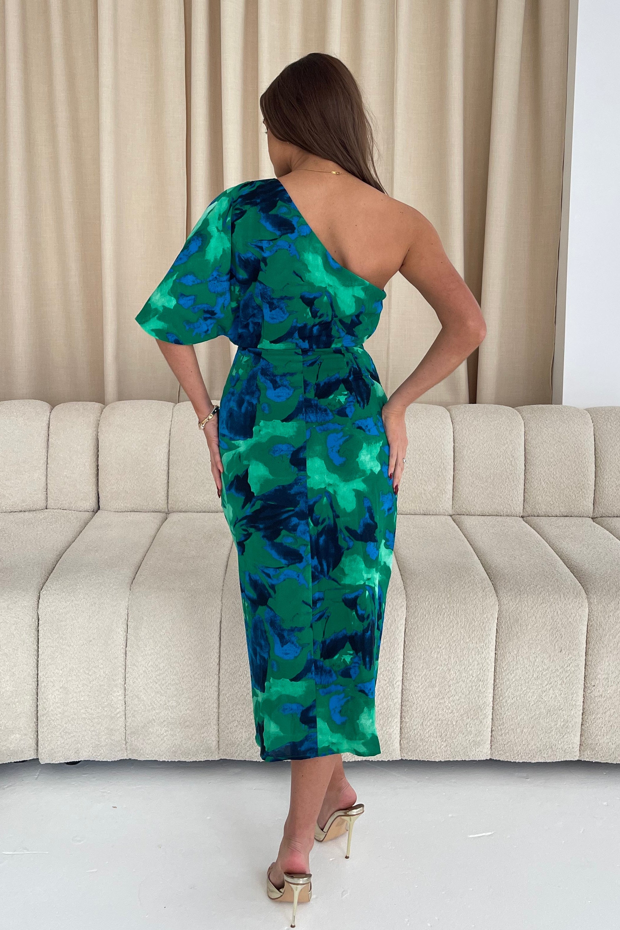 Ira One Shoulder Floral Wrap Midi Dress Green
