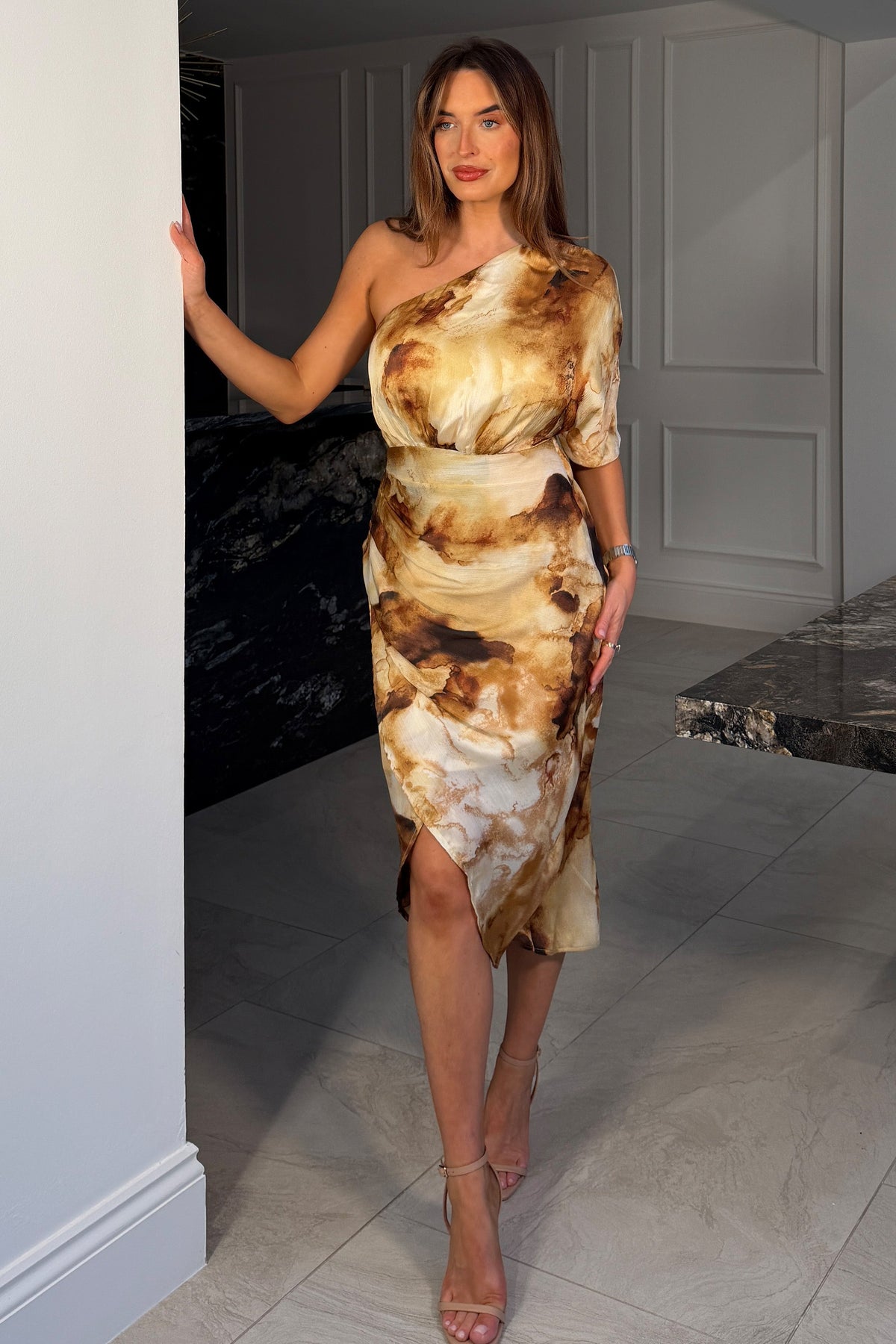 Ira One Shoulder Wrap Midi Dress Gold Print