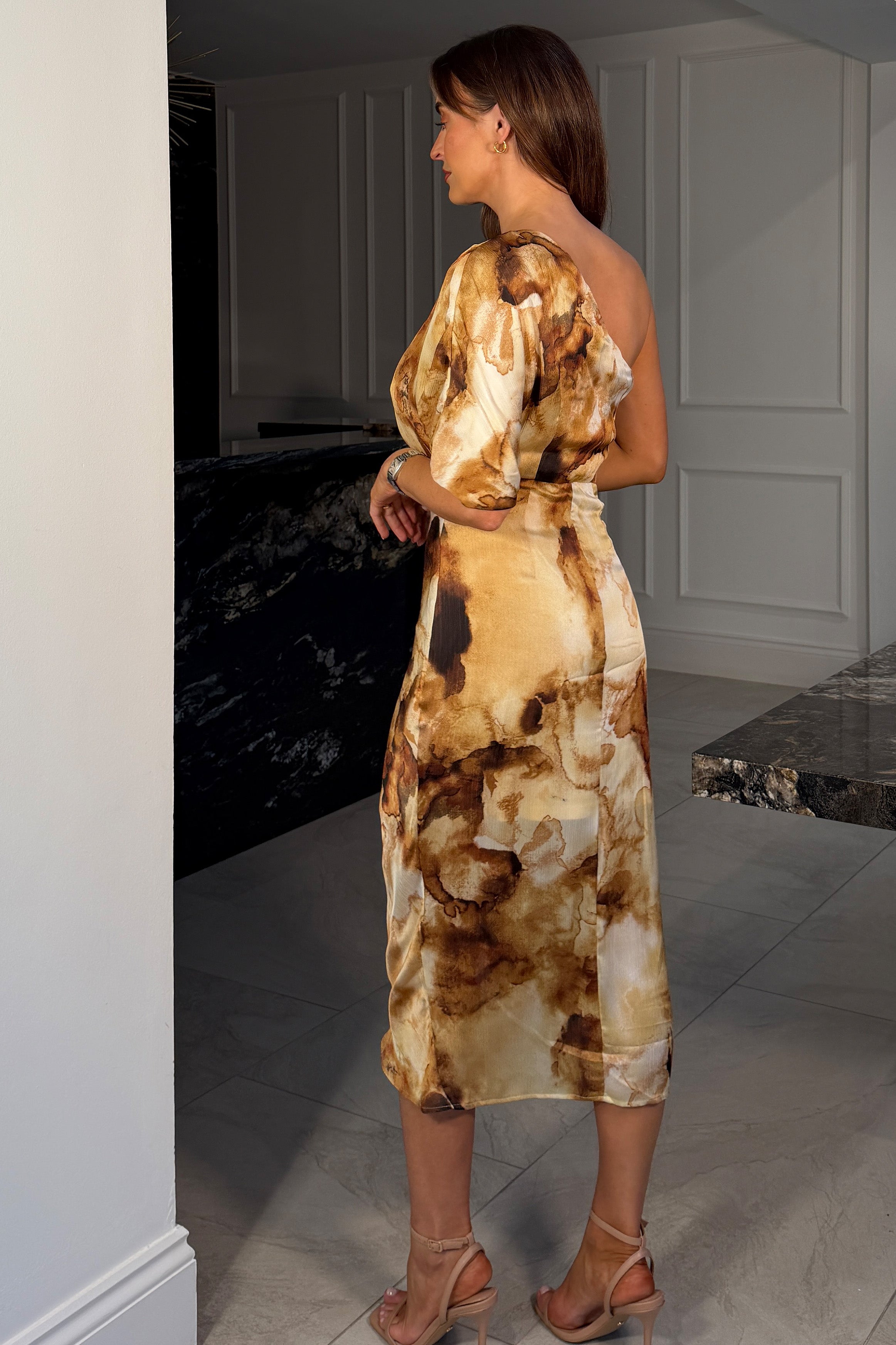 Ira One Shoulder Wrap Midi Dress Gold Print