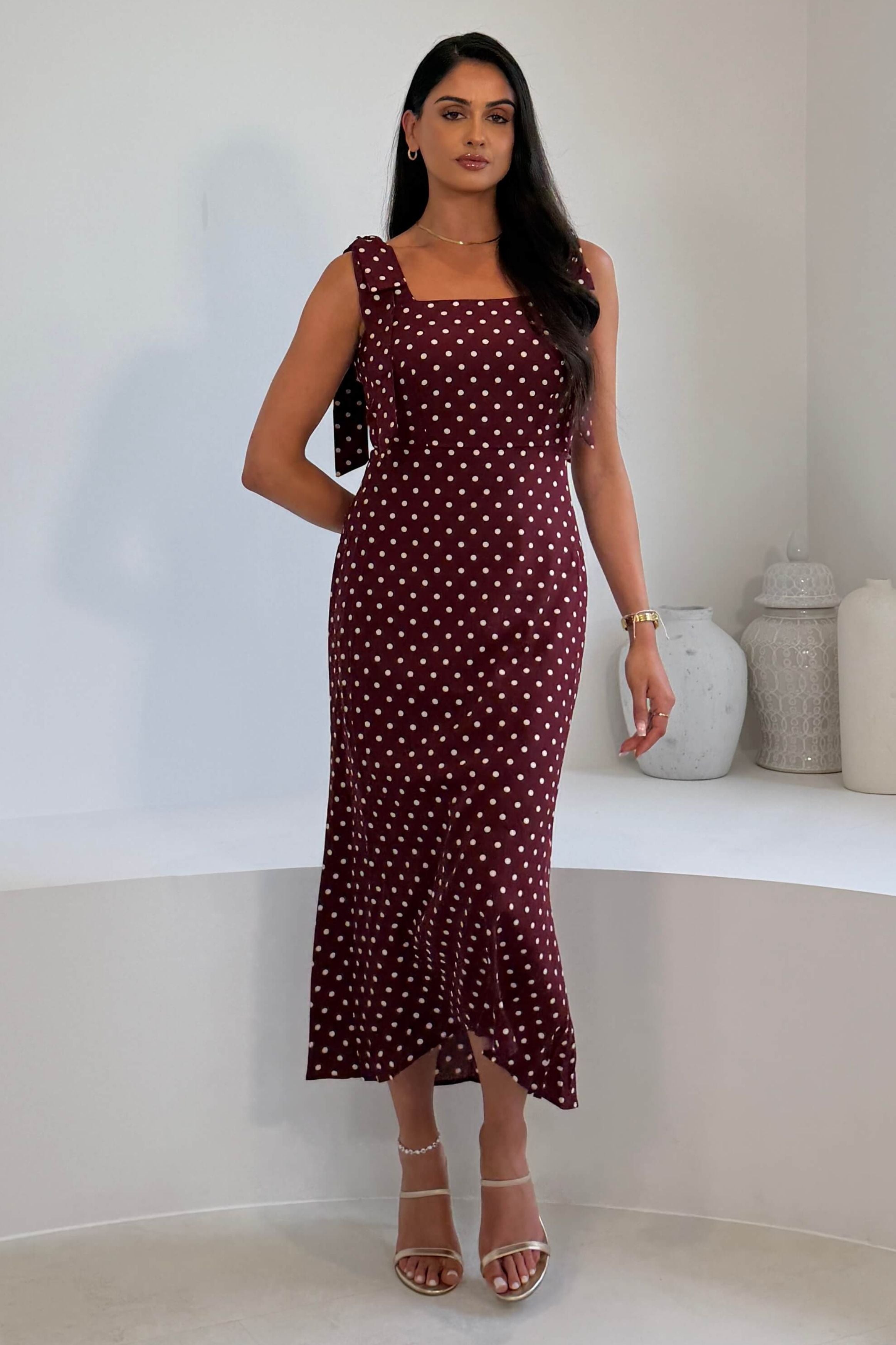 Jovi Tie Shoulder Square Neck Midi Dress Berry Spot
