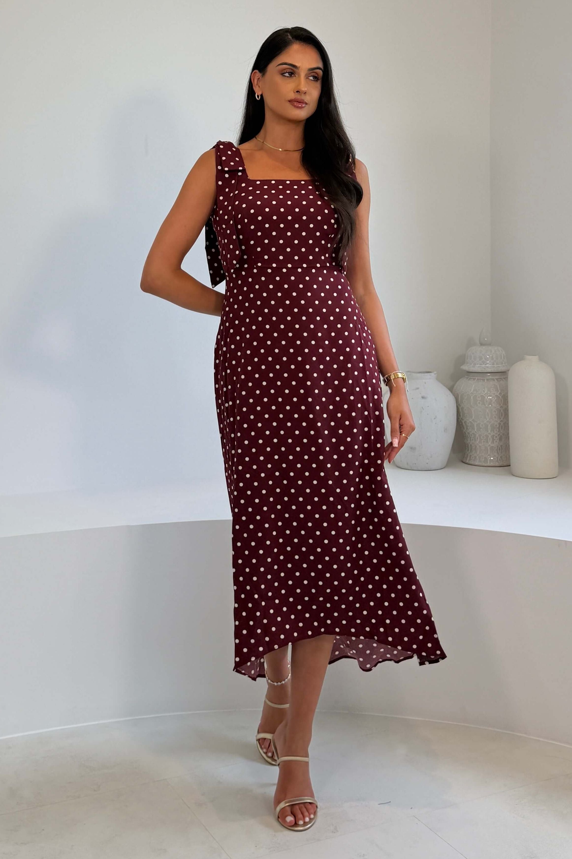 Jovi Tie Shoulder Square Neck Midi Dress Berry Spot