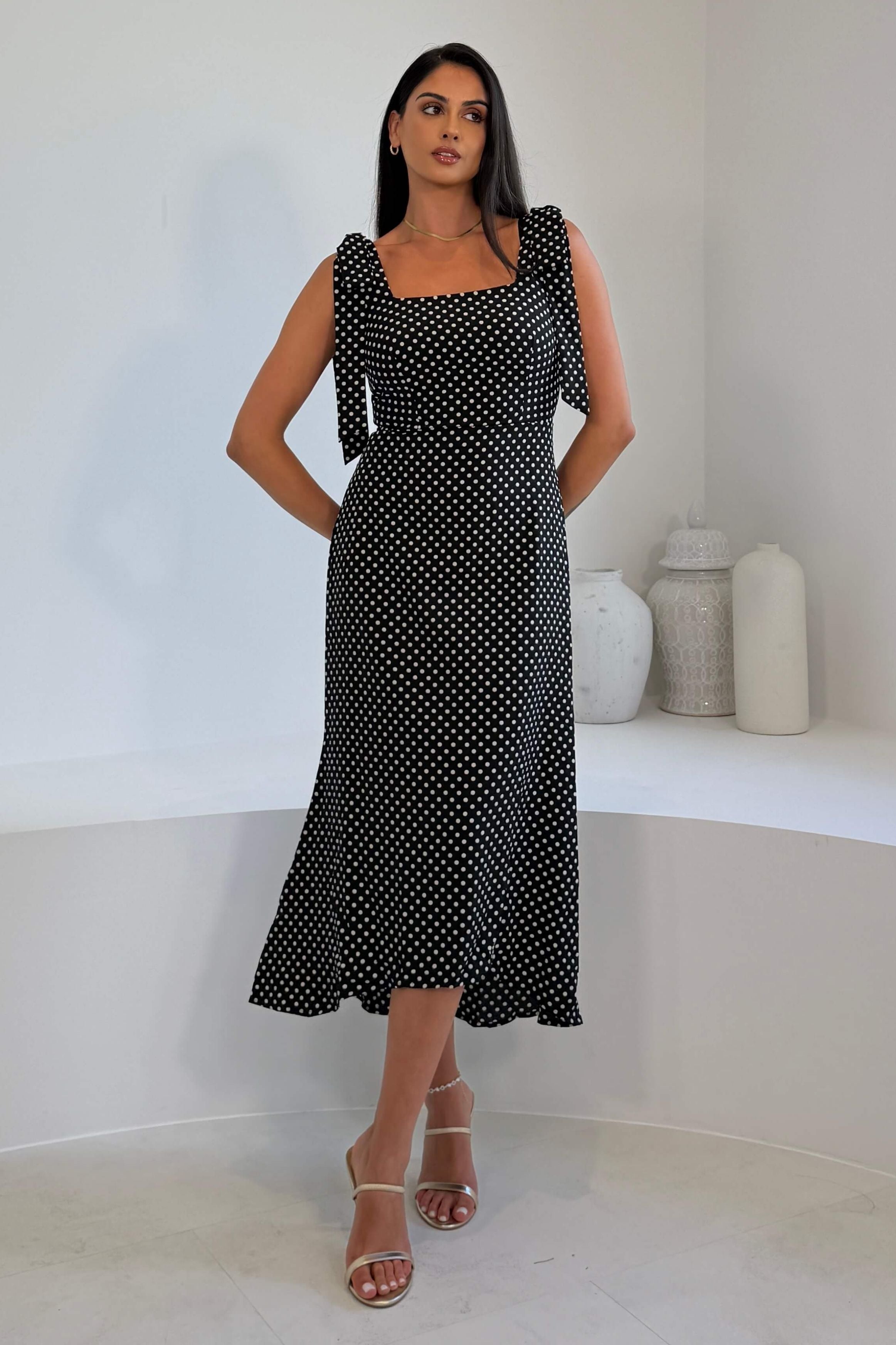 Jovi Tie Shoulder Square Neck Midi Dress Black Spot