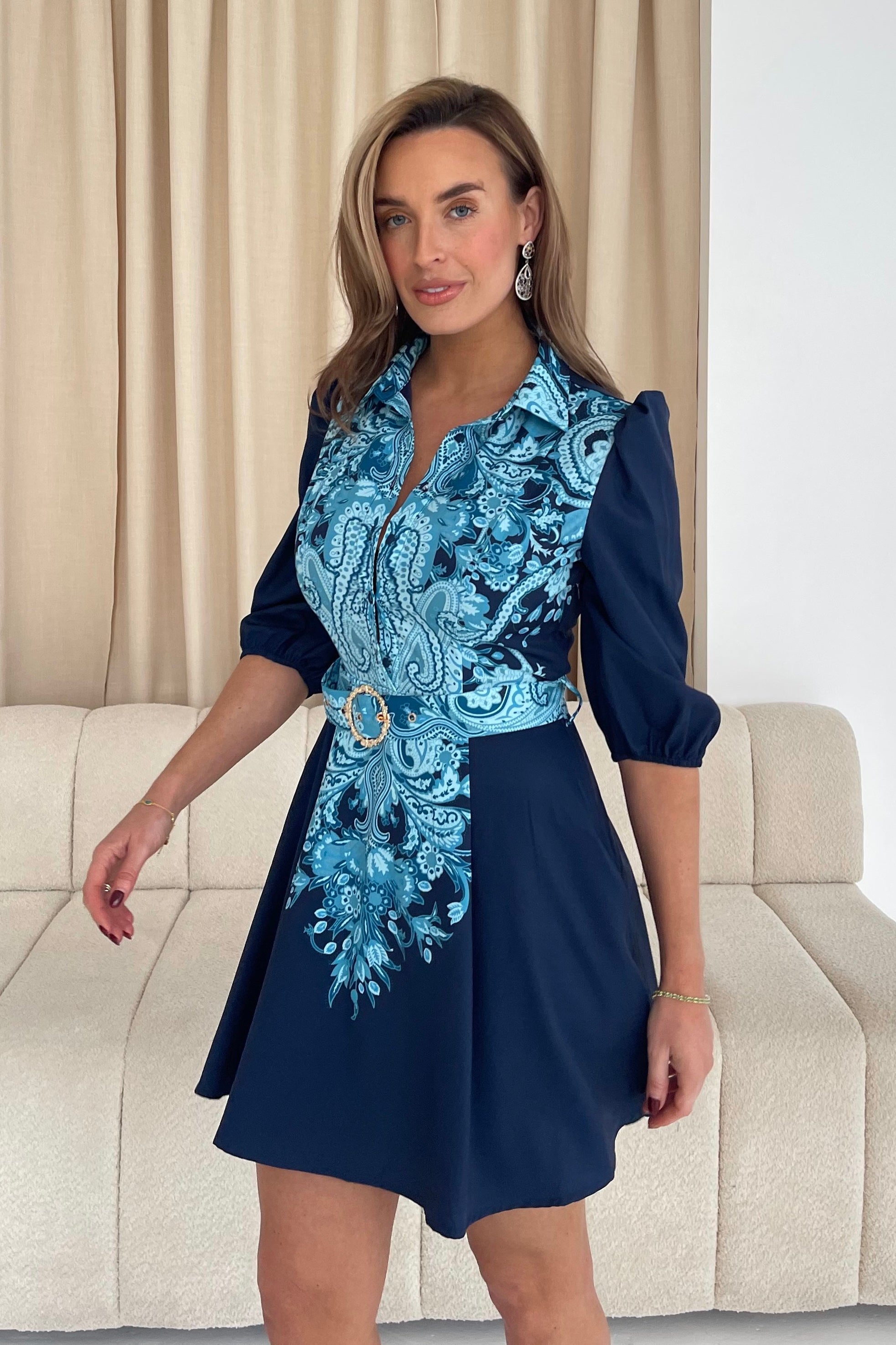Holland Paisley Print Collar Mini Dress Navy