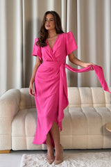 Drew Puff Sleeve Wrap Front Midi Dress Cerise
