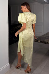 Drew Puff Sleeve Wrap Front Midi Dress Yellow