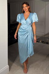 Drew Puff Sleeve Wrap Front Midi Dress Sky Blue