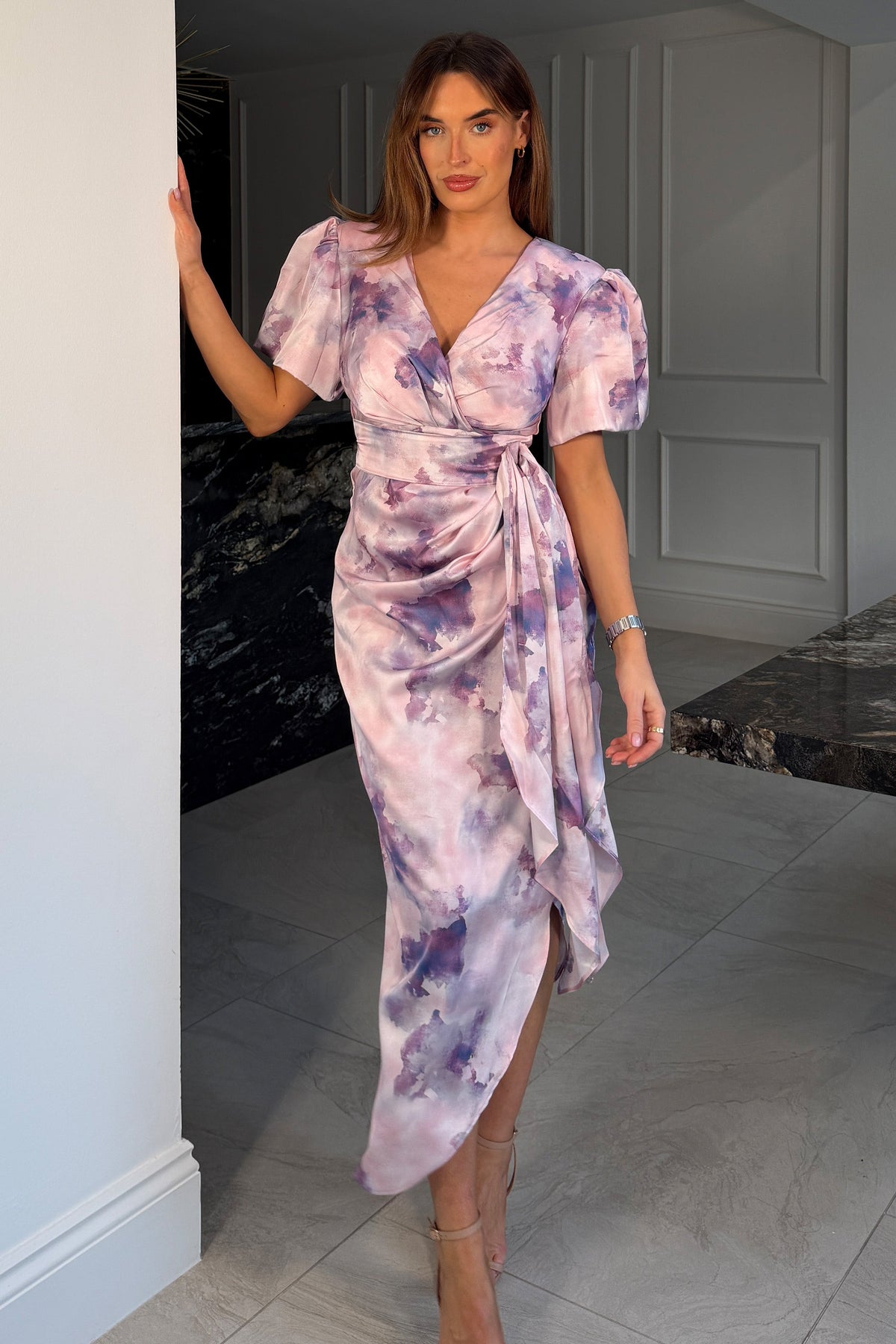 Drew Puff Sleeve Wrap Front Midi Dress Purple Marble