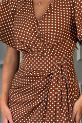 Drew Puff Sleeve Wrap Front Midi Dress Brown Spot