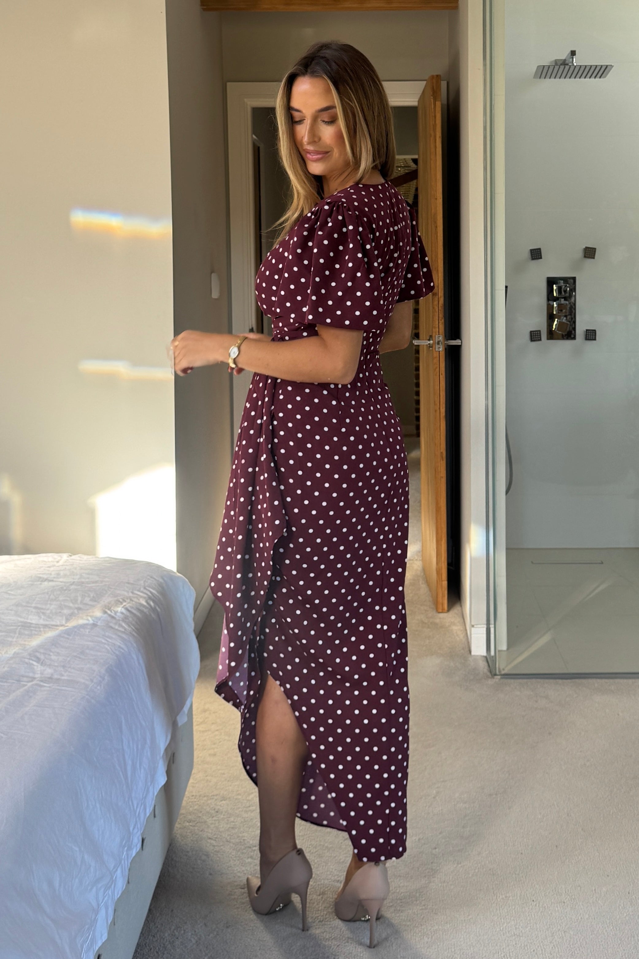 Drew Puff Sleeve Wrap Front Midi Dress Berry Spot