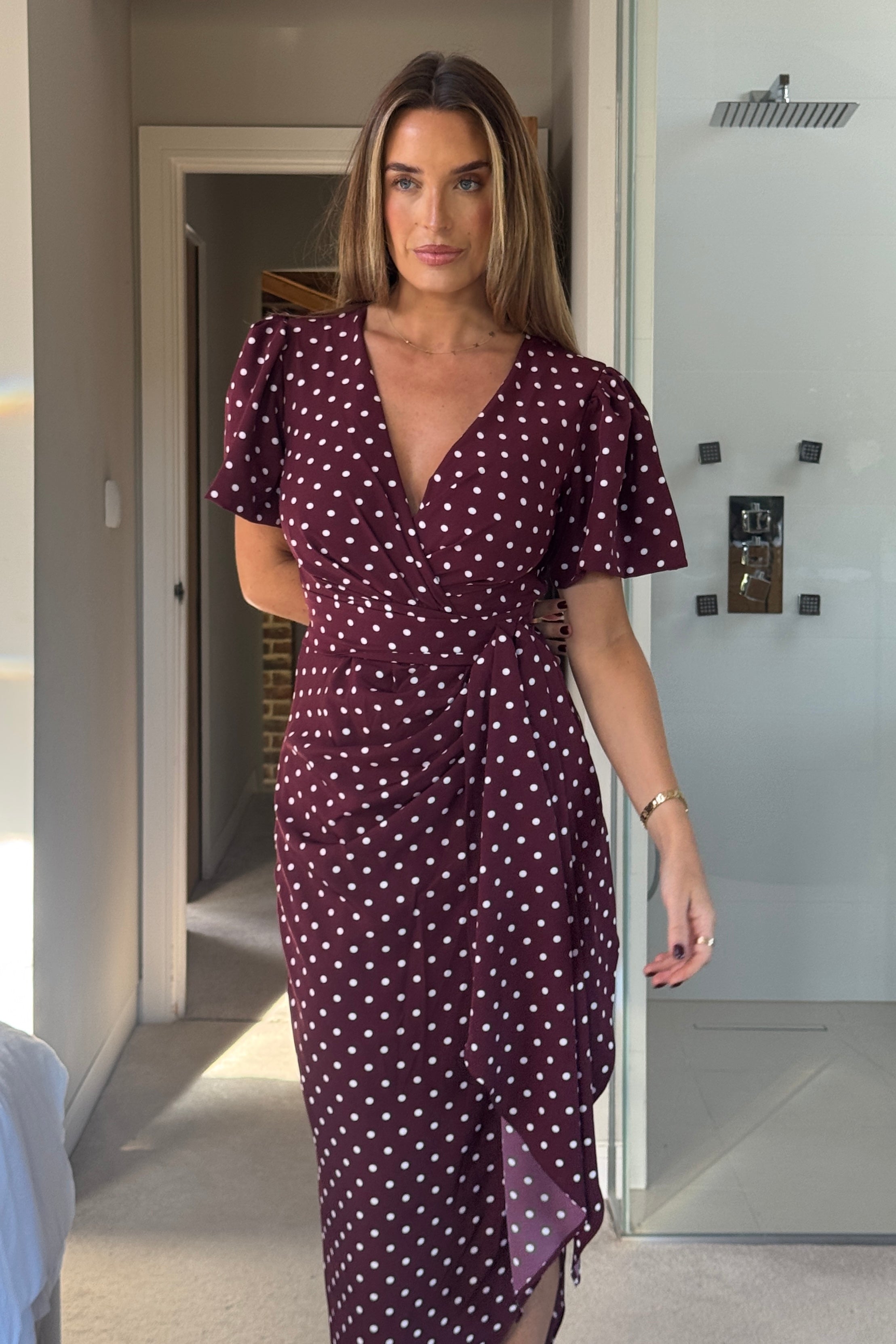 Drew Puff Sleeve Wrap Front Midi Dress Berry Spot